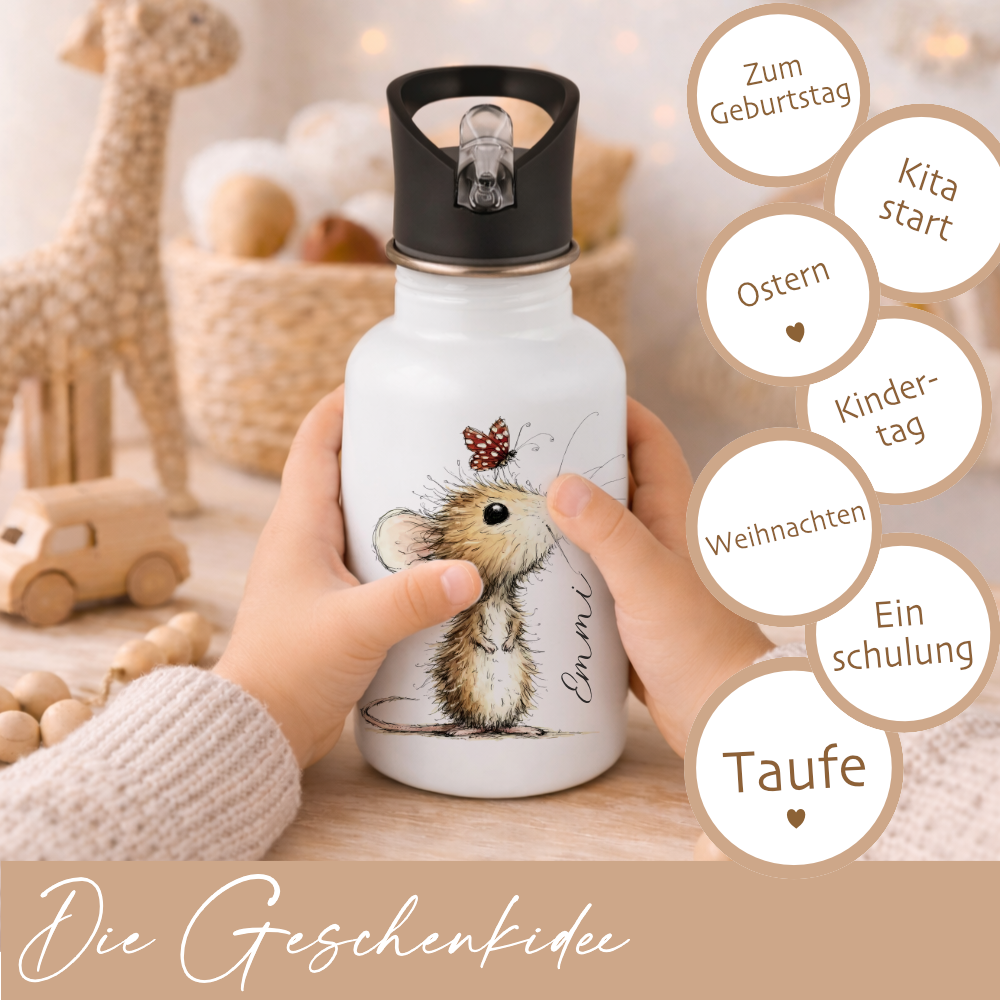 Personalisierte Edelstahl-Trinkflasche mit Strohhalm – Süße Maus-Motive & Wunschname – 400ml / 500ml / 600ml