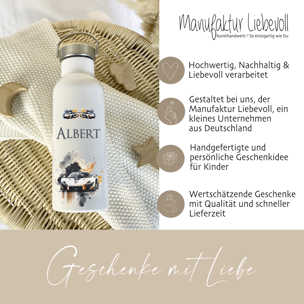 Trinkflasche mit Namen Rennauto für Jungen als Geschenkidee