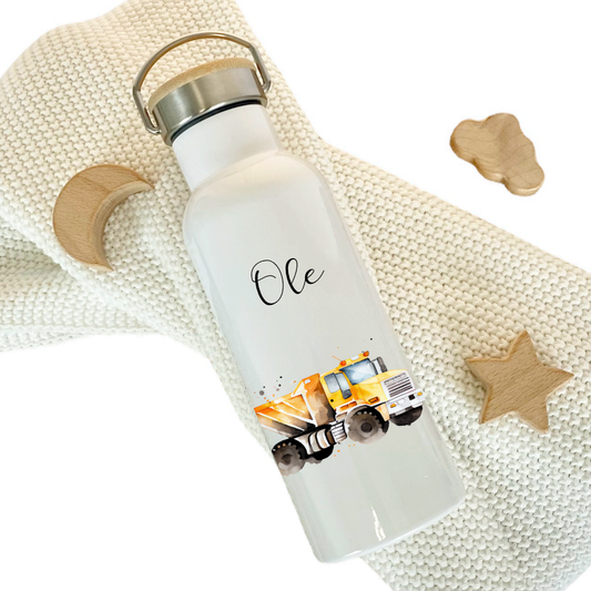 Kindertrinkflasche Baustelle LKW mit Namen als Geschenkidee