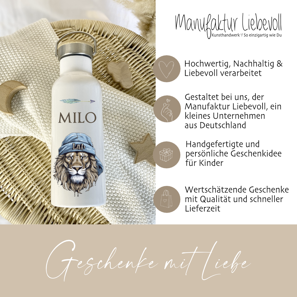 Trinkflasche Löwe als Geschenkidee für Kinder Teenager mit Namen