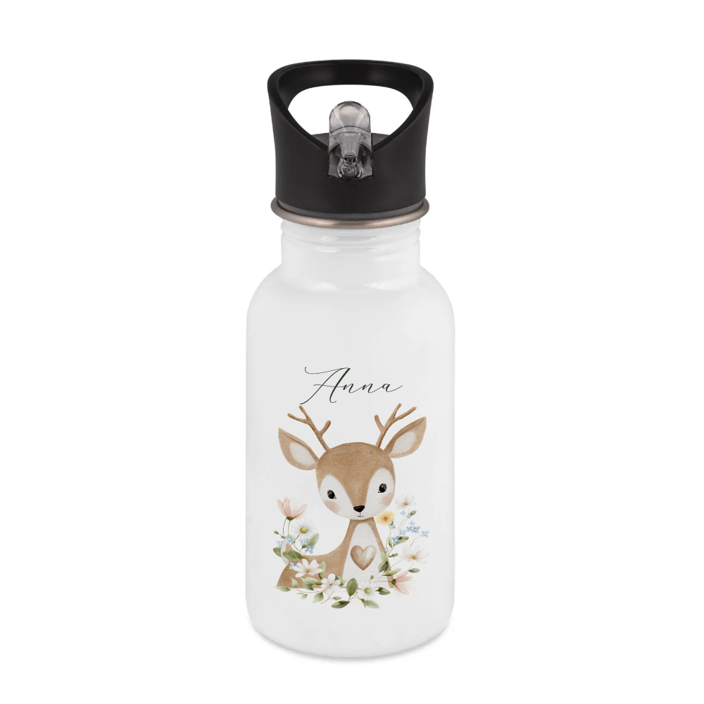 Personalisierte Edelstahl Trinkflasche mit Namen – Süße Waldtiere Motive im Boho-Stil – Kinderflasche mit Strohhalm in 3 Größen