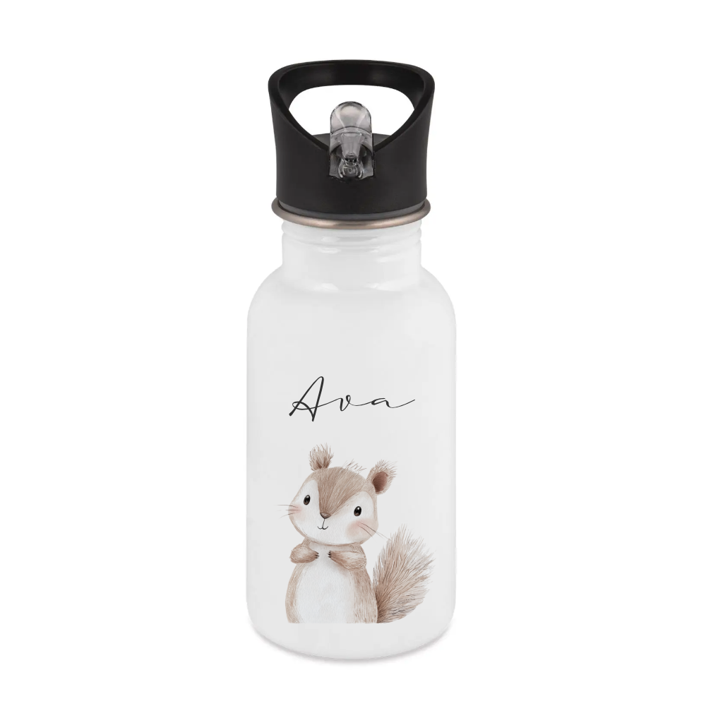 Personalisierte Kinder Trinkflasche mit Name – Edelstahl Trinkflasche mit Strohhalm 400ml / 500ml / 600ml – Tiermotiv für Kita & Schule