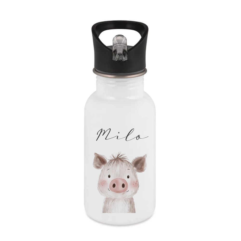 Personalisierte Kinder Trinkflasche mit Name – Edelstahl Trinkflasche mit Strohhalm 400ml / 500ml / 600ml – Tiermotiv für Kita & Schule