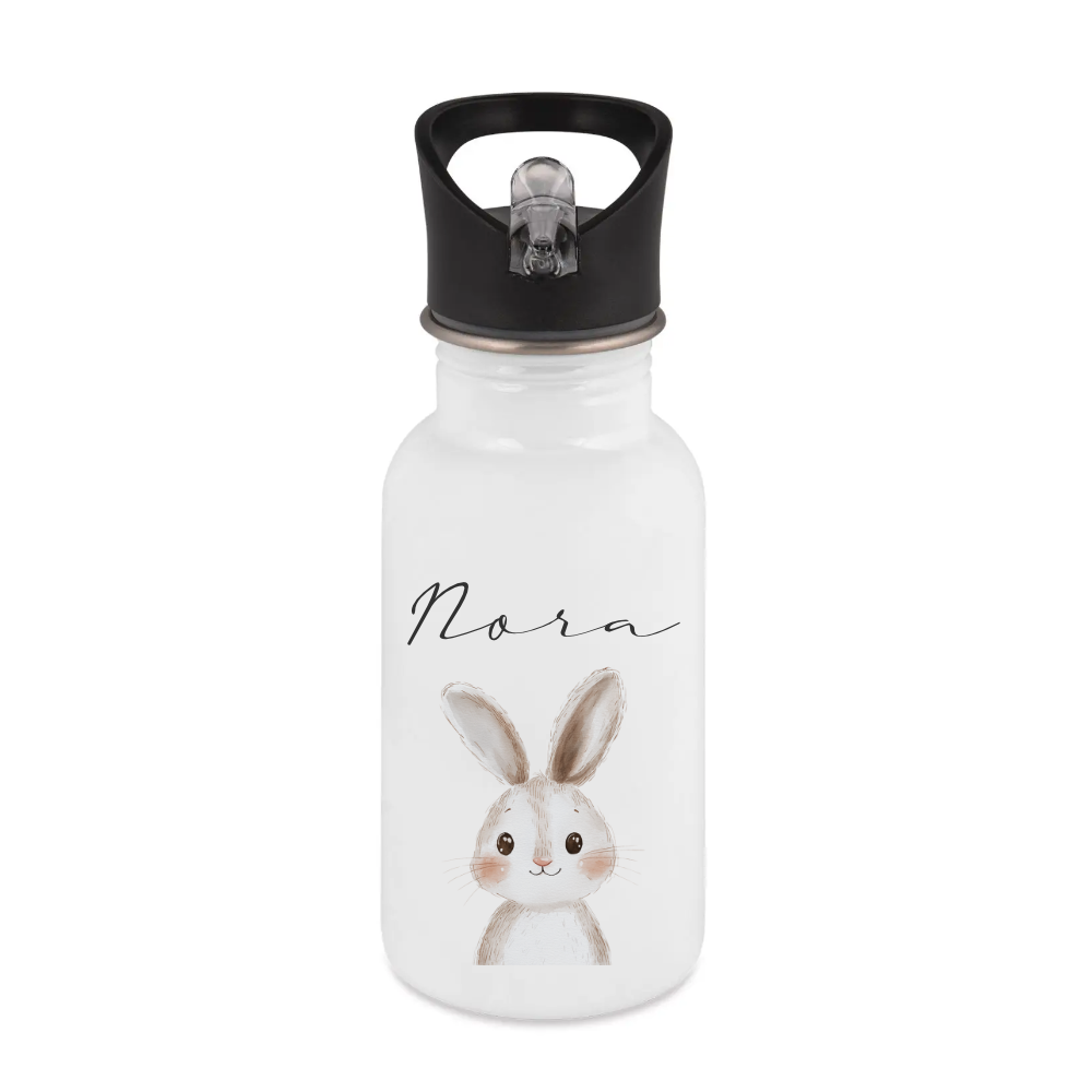 Personalisierte Kinder Trinkflasche mit Name – Edelstahl Trinkflasche mit Strohhalm 400ml / 500ml / 600ml – Tiermotiv für Kita & Schule