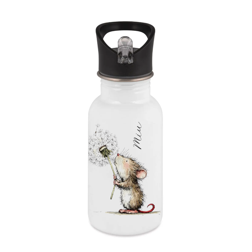 Personalisierte Edelstahl-Trinkflasche mit Strohhalm – Süße Maus-Motive & Wunschname – 400ml / 500ml / 600ml