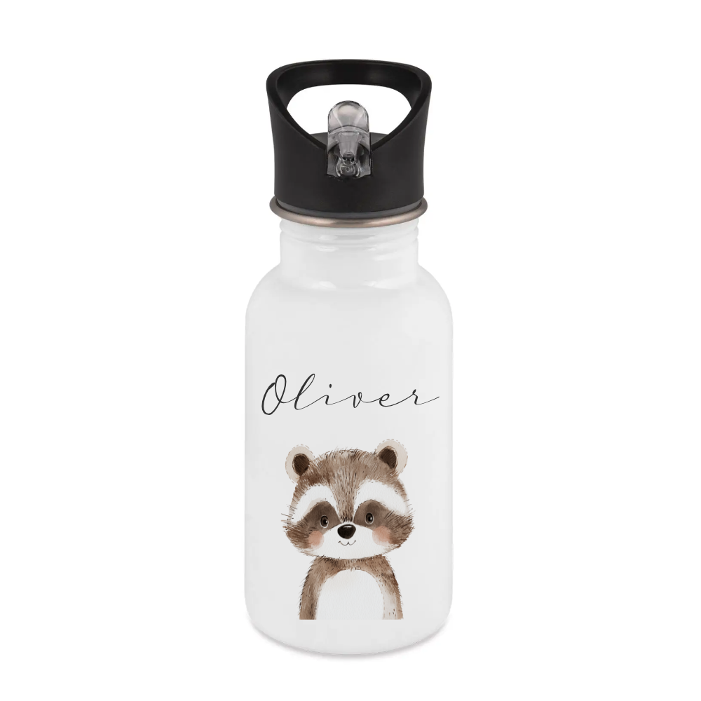 Personalisierte Kinder Trinkflasche mit Name – Edelstahl Trinkflasche mit Strohhalm 400ml / 500ml / 600ml – Tiermotiv für Kita & Schule
