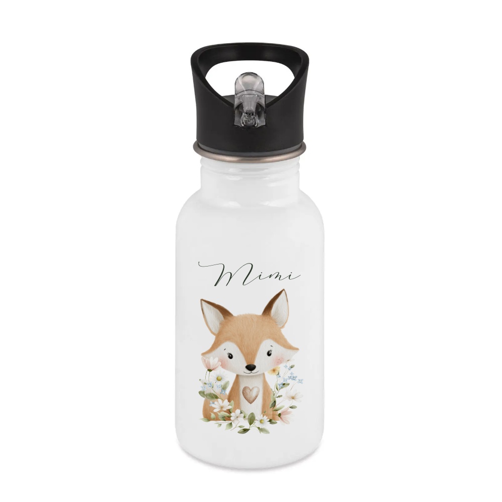Personalisierte Edelstahl Trinkflasche mit Namen – Süße Waldtiere Motive im Boho-Stil – Kinderflasche mit Strohhalm in 3 Größen