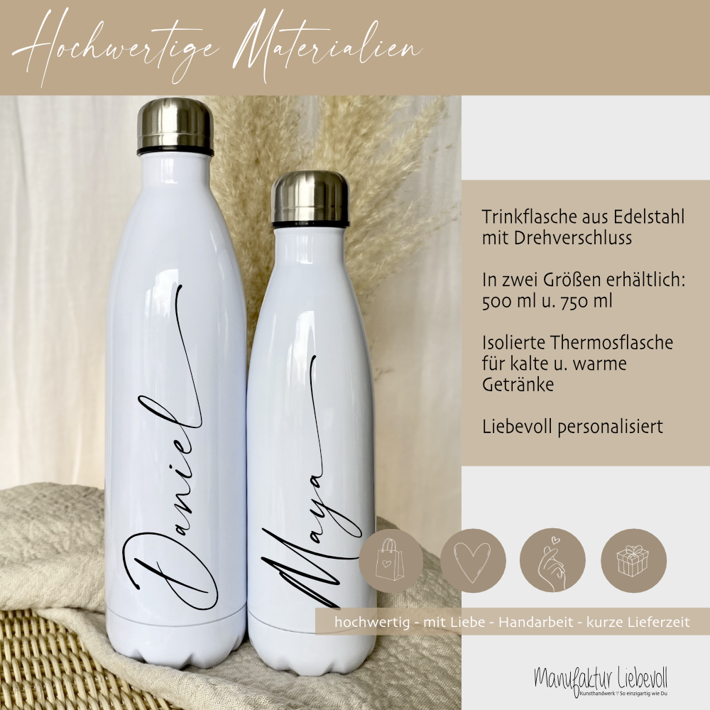 Trinkflasche aus Edelstahl mit dem Namen personalisiert, 500 ml u. 750 ml zur Auswahl