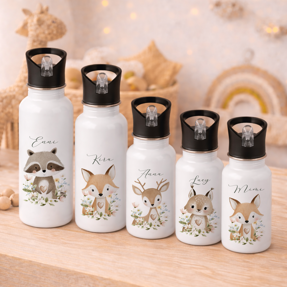 Personalisierte Edelstahl Trinkflasche mit Namen – Süße Waldtiere Motive im Boho-Stil – Kinderflasche mit Strohhalm in 3 Größen
