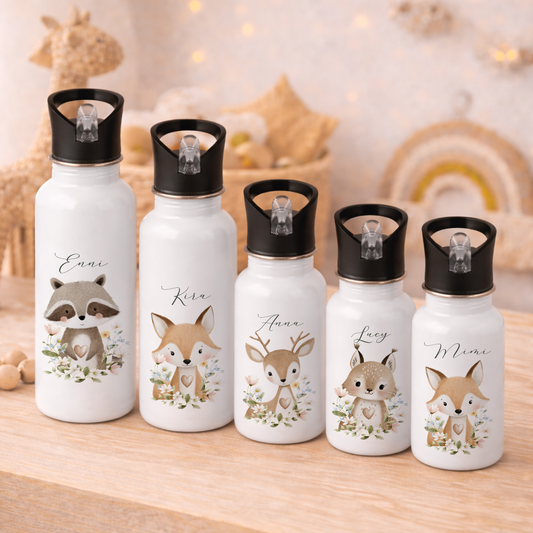 Personalisierte Edelstahl Trinkflasche mit Namen – Süße Waldtiere Motive im Boho-Stil – Kinderflasche mit Strohhalm in 3 Größen