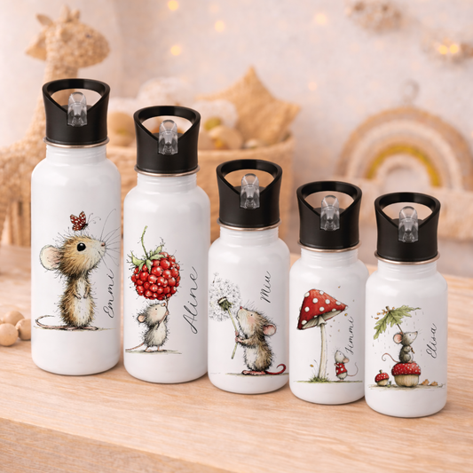 Personalisierte Edelstahl-Trinkflasche mit Strohhalm – Süße Maus-Motive & Wunschname – 400ml / 500ml / 600ml