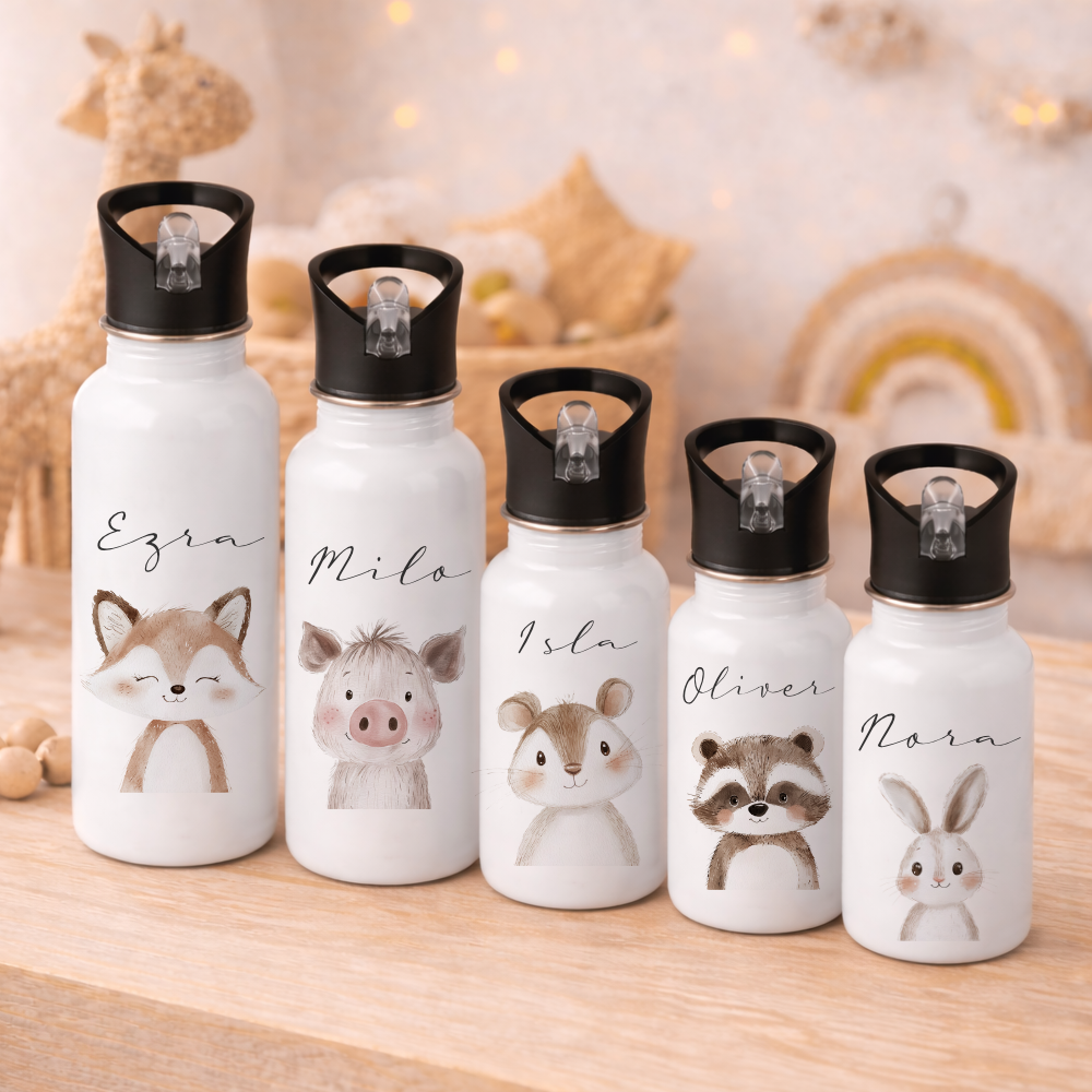 Personalisierte Kinder Trinkflasche mit Name – Edelstahl Trinkflasche mit Strohhalm 400ml / 500ml / 600ml – Tiermotiv für Kita & Schule