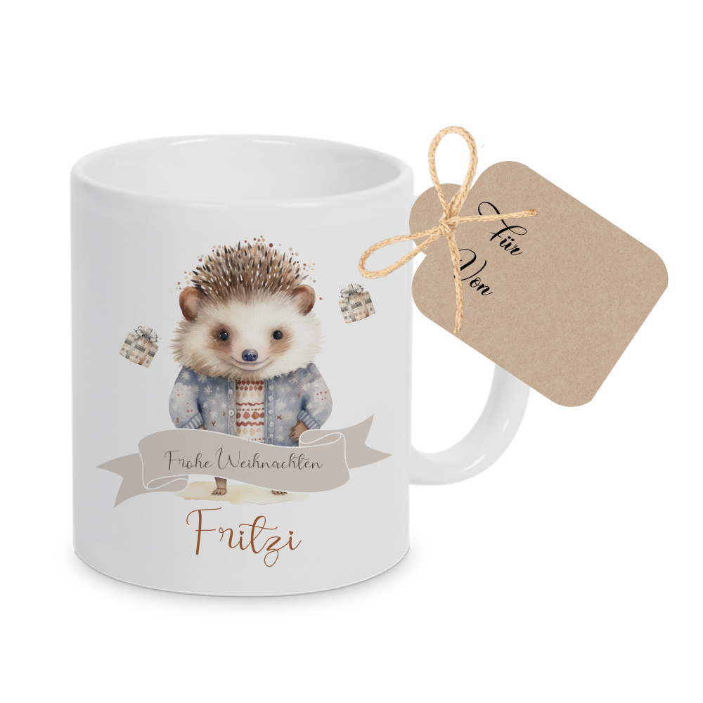 Weihnachtstasse für Kinder, Tasse aus Keramik "Frohe Weihnachten" mit Igel und Namen