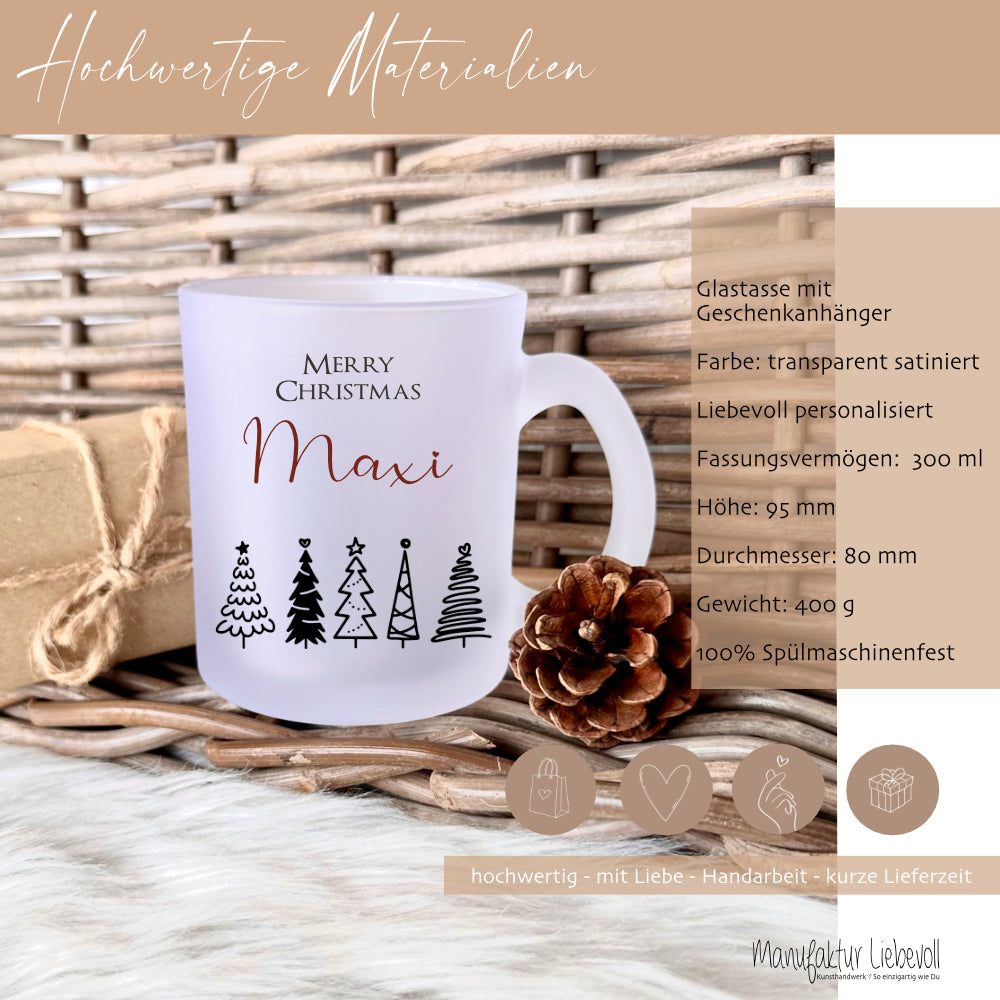 Merry Christmas Glasasse mit dem Namen personalisiert und Tannen gestaltet