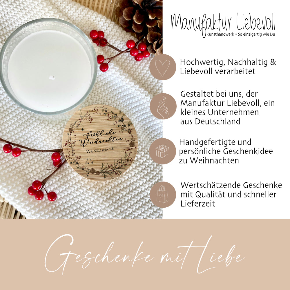 Weihnachtliche Kerze "Fröhliche Weihnachten" mit Personalisierung, Duftkerze im Glas mit Bambusdeckel