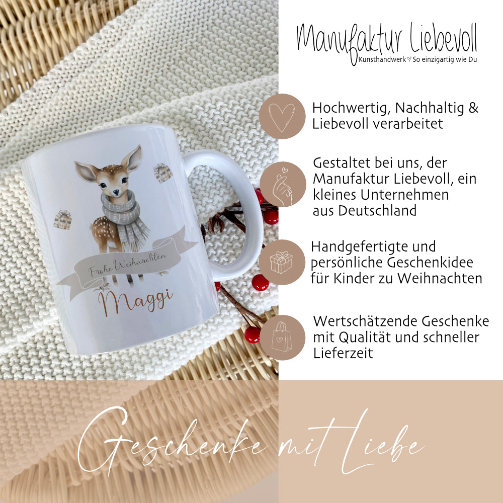 Weihnachtliche Tasse für Kinder, Tasse aus Keramik "Frohe Weihnachten" mit Rehkitz und Namen