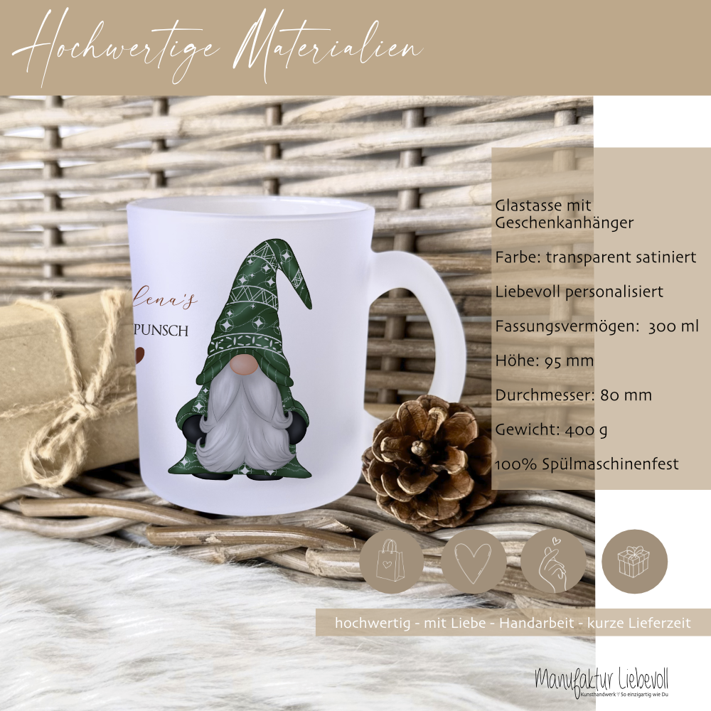 Weihnachtspunsch Tasse aus Glas mit grünem Wichtel und dem Namen personalisiert