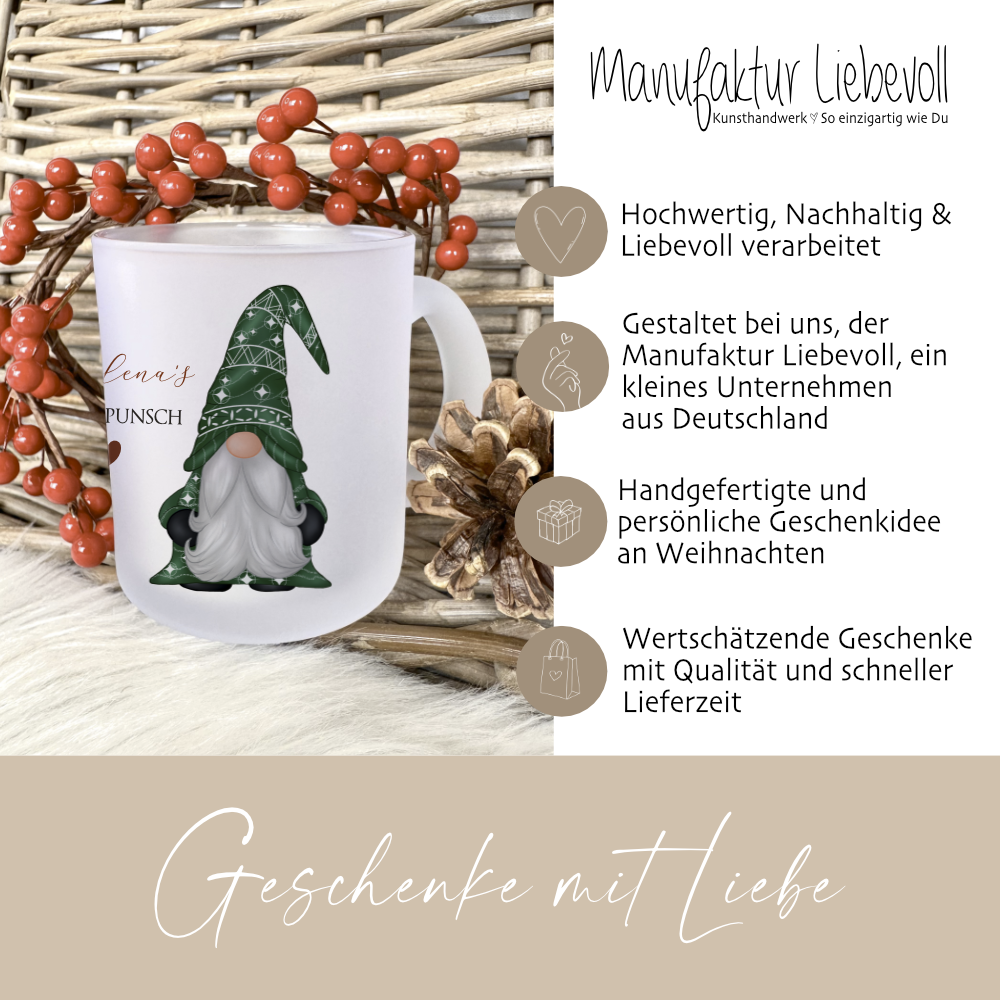Weihnachtspunsch Tasse aus Glas mit grünem Wichtel und dem Namen personalisiert