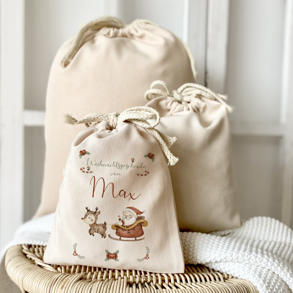 Weihnachtsbeutel und Geschenksack für Kinder, Personalisierte Geschenkverpackung aus Stoff für Mädchen und Jungen