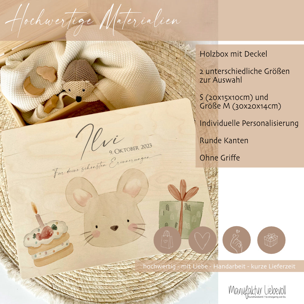 Personalisiertes Willkommensgeschenk aus Holz, Erinnerungsbox mit Motiv "Maus" für Babys, Kinder