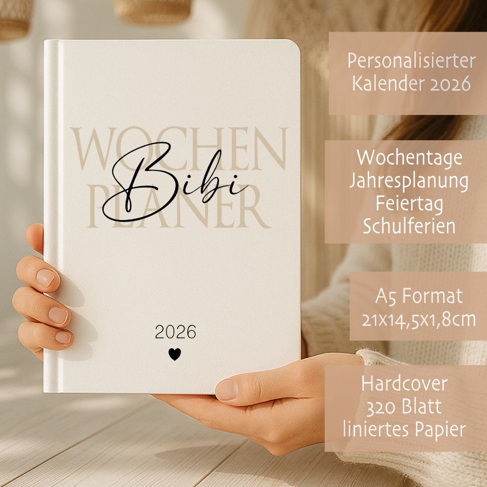 Personalisierter Terminplaner 2026 Din A5 | Hardcover Buchkalender mit Name | Weißes Cover, Modernes Design