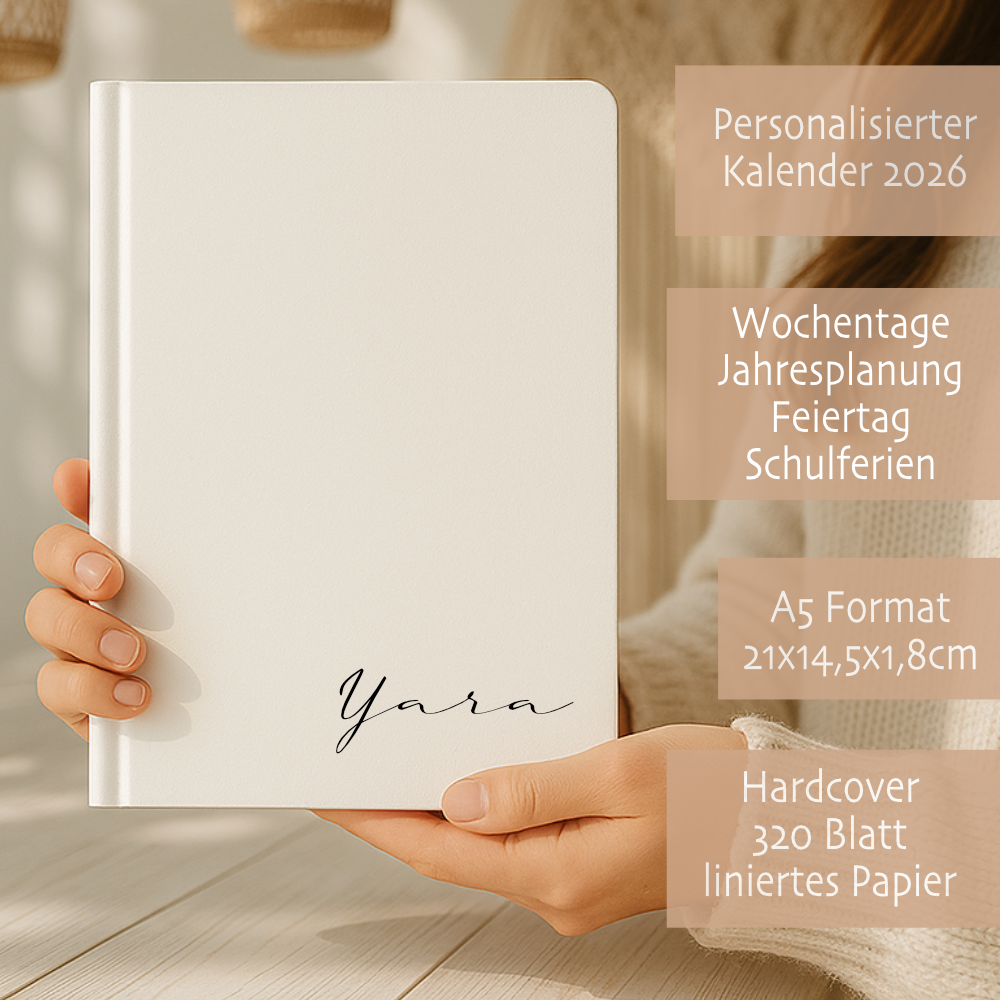Personalisierter Terminplaner 2026 Din A5 | Minimalistischer Buchkalender mit Name | Weißes Hardcover – Manufaktur Liebevoll