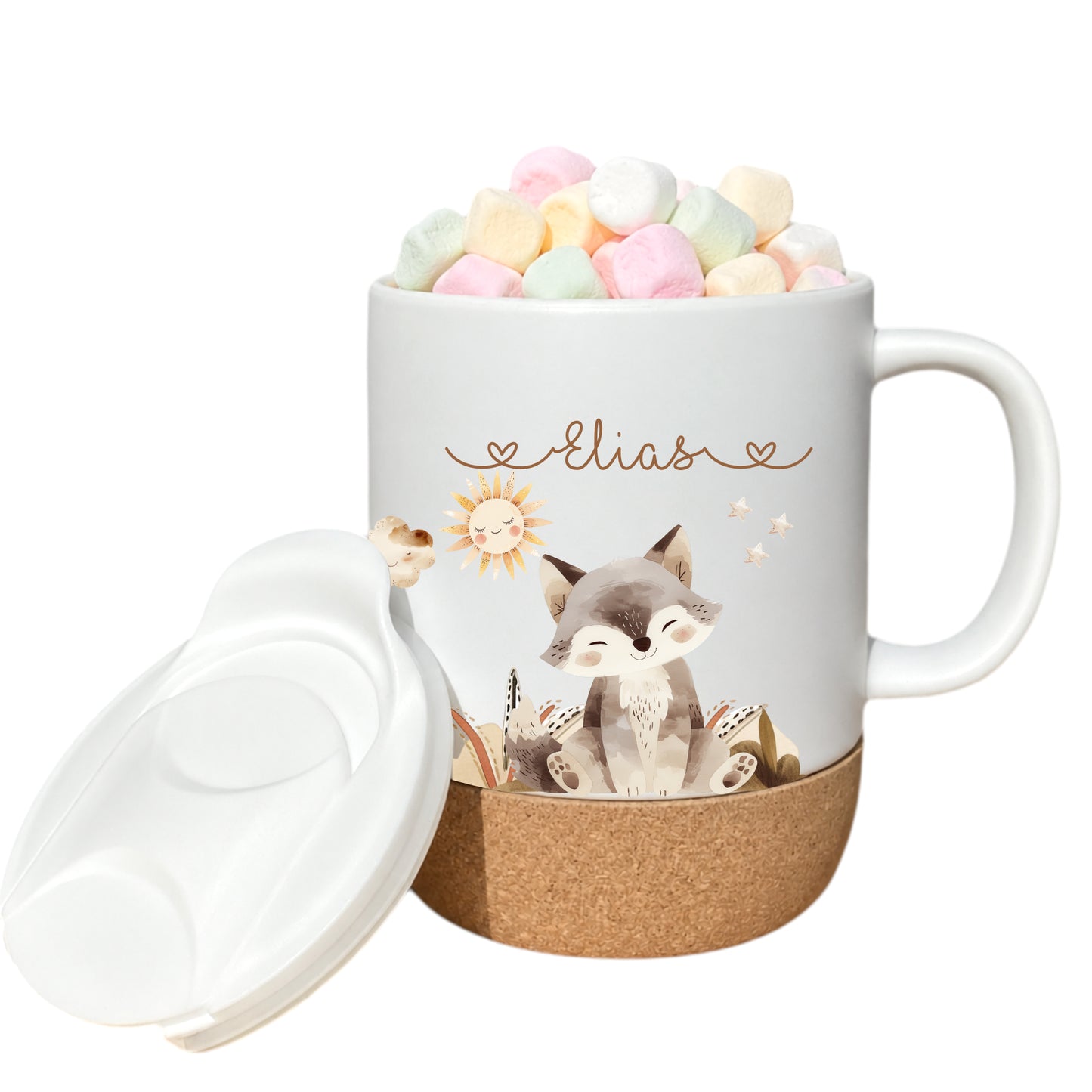 Personalisierte Kindertasse mit Namen – Keramiktasse mit Korkboden & Deckel | 14 Motive zur Auswahl