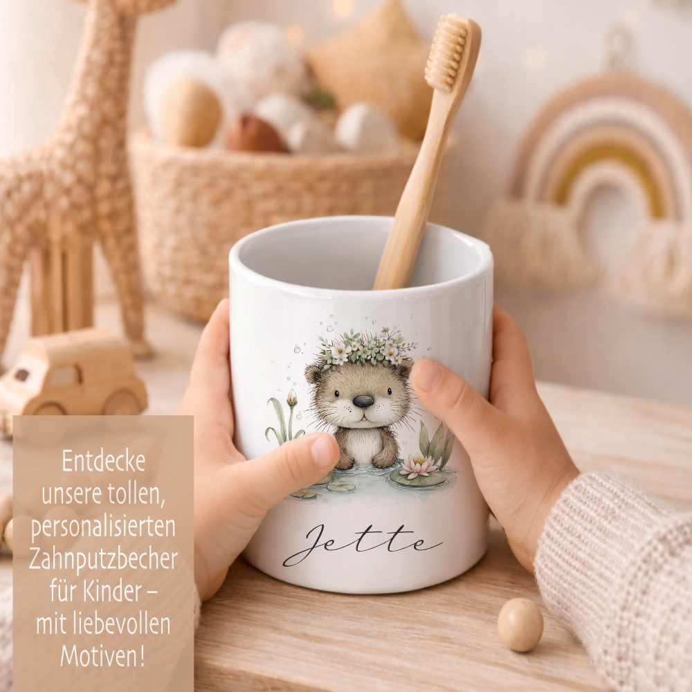 Personalisierter Zahnputzbecher für Kinder mit Namen | Keramik Trinkbecher & Zahnbürstenhalter | Geschenk für Kindergarten, Schule & Geburtstag | Motive: Faultier, Igel, Ente, Otter, Küken