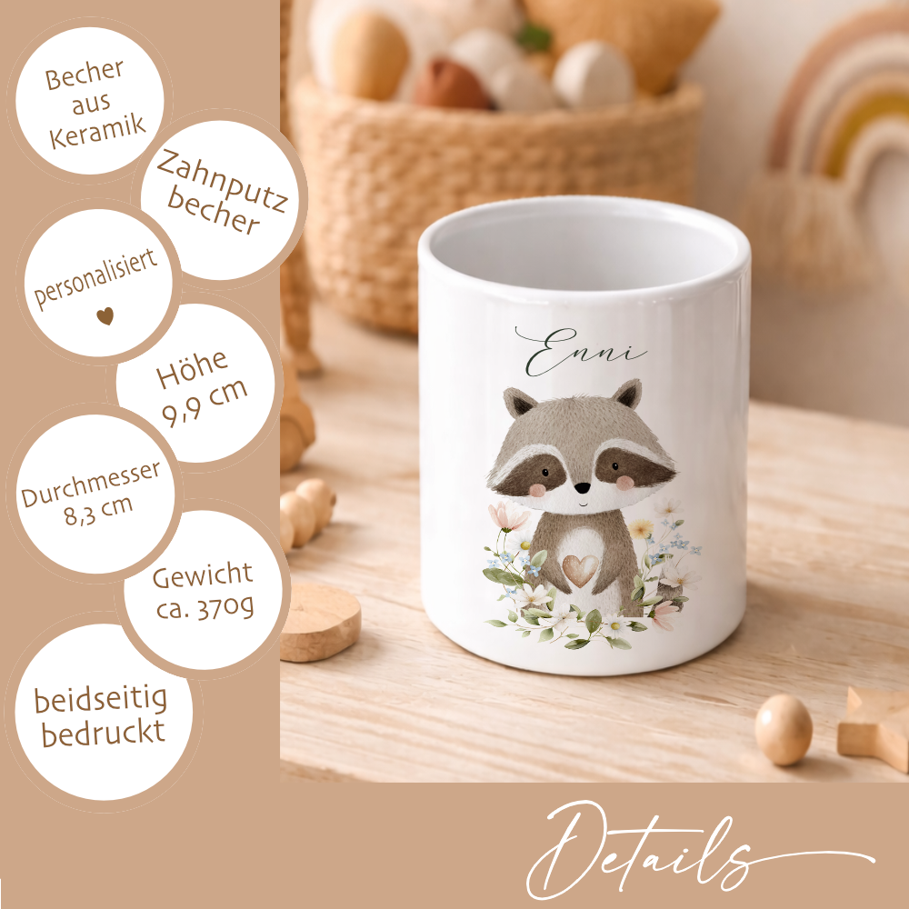 Personalisierter Zahnputzbecher aus Keramik mit Namen – Süße Waldtiere Motive im Boho-Stil – Kinder Zahnbürstenhalter fürs Badezimmer