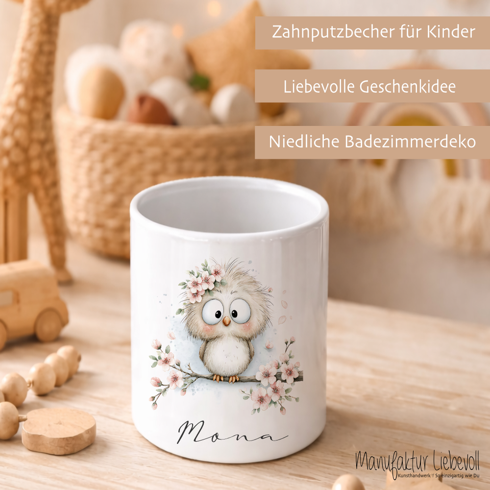 Personalisierter Zahnputzbecher für Kinder mit Namen | Keramik Trinkbecher & Zahnbürstenhalter | Geschenk für Kindergarten, Schule & Geburtstag | Motive: Faultier, Igel, Ente, Otter, Küken