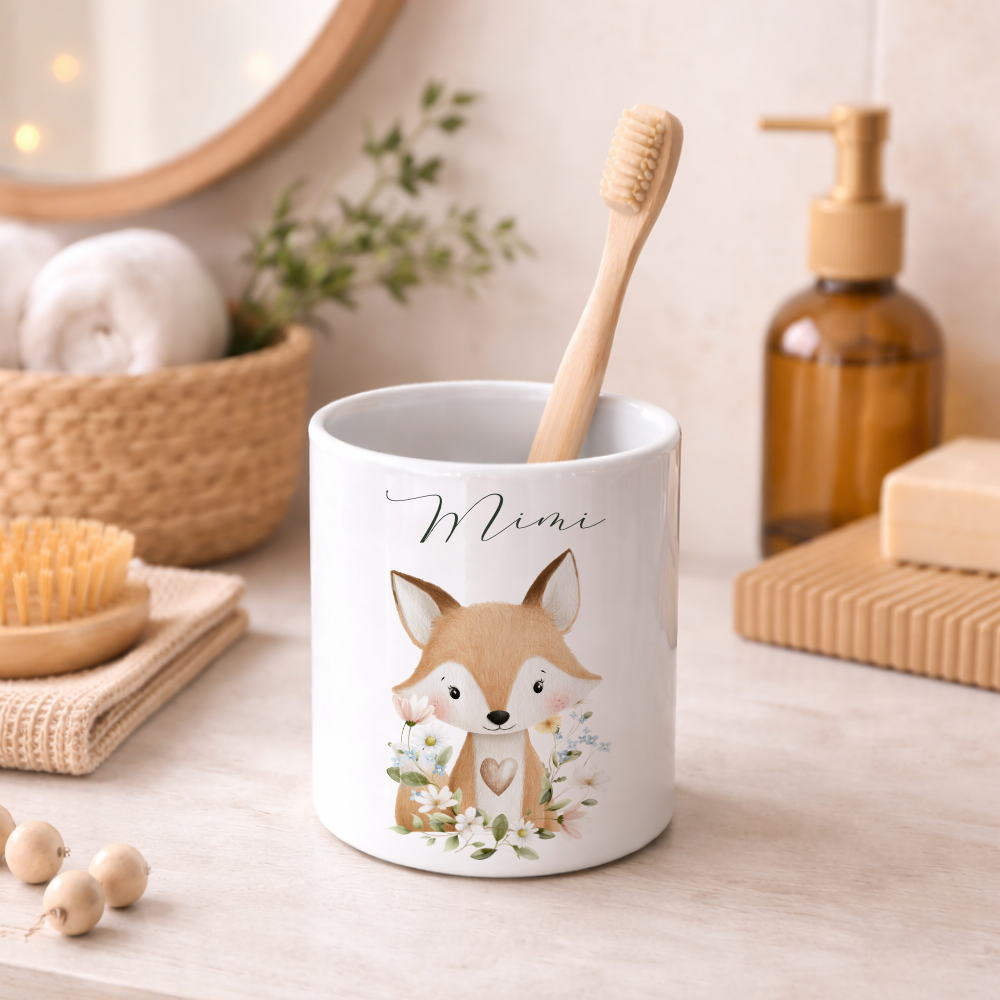 Personalisierter Zahnputzbecher aus Keramik mit Namen – Süße Waldtiere Motive im Boho-Stil – Kinder Zahnbürstenhalter fürs Badezimmer