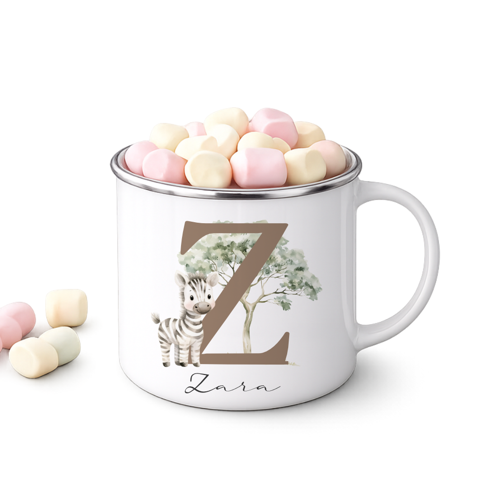 Personalisierte Emaille Tasse mit Namen & Buchstabe – Süße Safari Motive im Boho-Stil – Bruchsicherer Kinderbecher 300ml