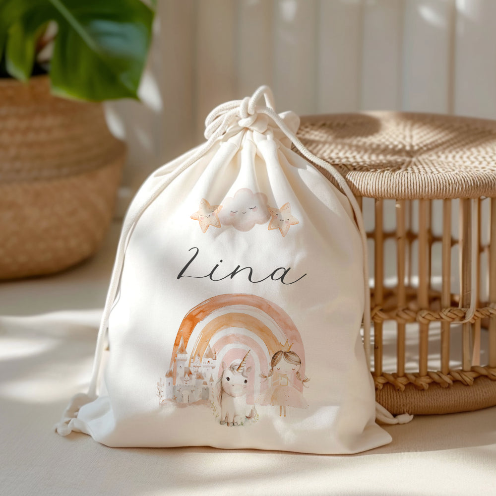 Personalisierter Zuziehbeutel für Kinder | Motive: Prinzessin, Einhorn, Märchen