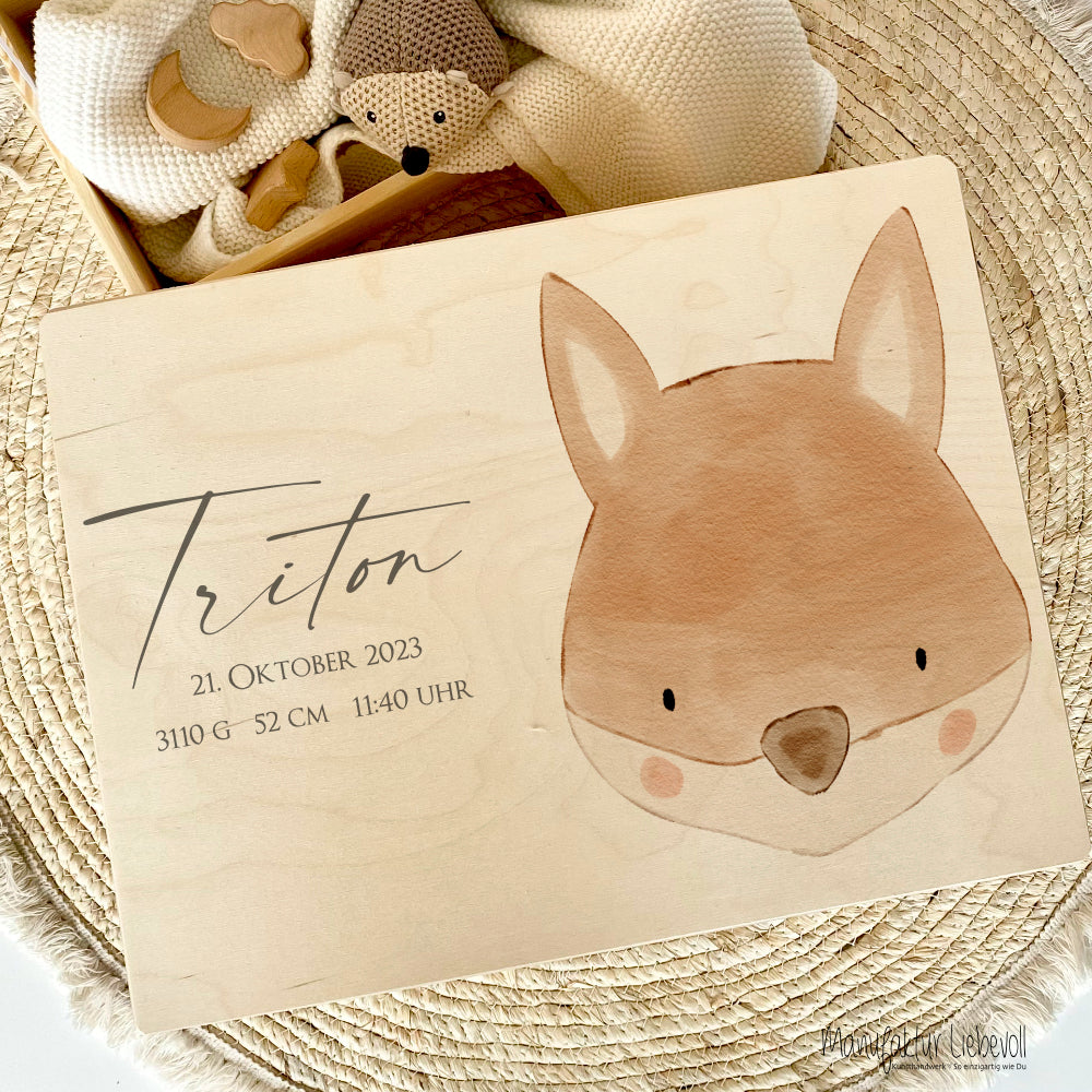 Personalisierte Erinnerungskiste für Babys, Holzbox mit Deckel, Namen u. Geburtsdaten | Motiv: Fuchs