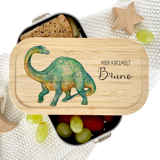 Brotdose "Dinosaurier" wählbar in Edelstahl mit Bambusdeckel und Namen für Kinder | Lunchbox "Dino" | Personalisiertes Geschenk für Kinder