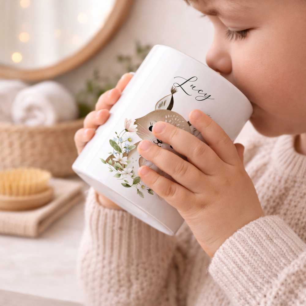 Personalisierter Zahnputzbecher aus Keramik mit Namen – Süße Waldtiere Motive im Boho-Stil – Kinder Zahnbürstenhalter fürs Badezimmer