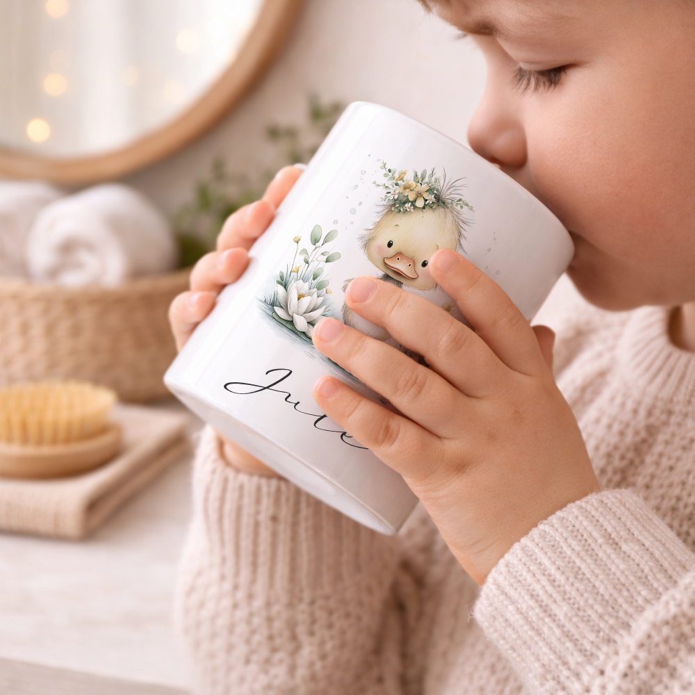 Personalisierter Zahnputzbecher für Kinder mit Namen | Keramik Trinkbecher & Zahnbürstenhalter | Geschenk für Kindergarten, Schule & Geburtstag | Motive: Faultier, Igel, Ente, Otter, Küken