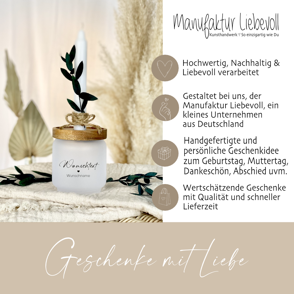 Personalisiertes Geschenkglas mit Wunschtext, Kerze und Trockenblume