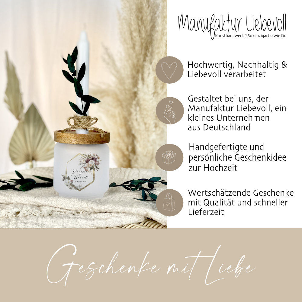 Geschenkglas zur Hochzeit personalisiert mit den Namen des Paares, Geschenkset mit Kerze und Trockenblume