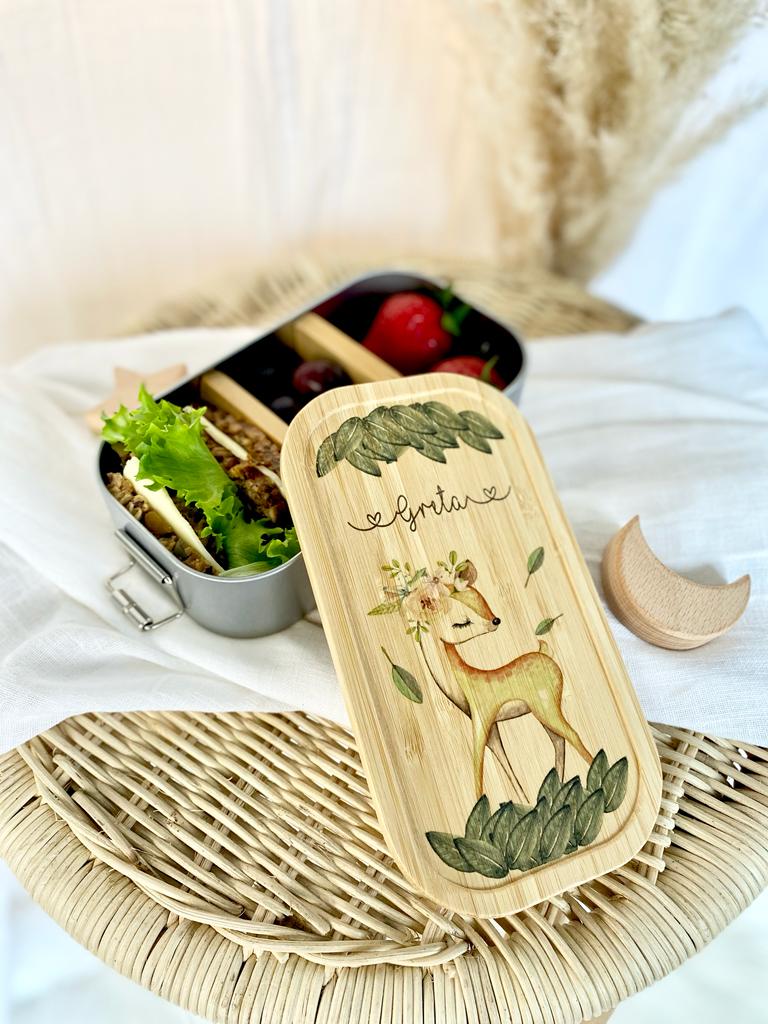 Brotdose mit Namen für Mädchen | Lunchbox mit Motiv "Rehkitz" | Wählbar in Edelstahl | Personalisiertes Geschenk für Mädchen