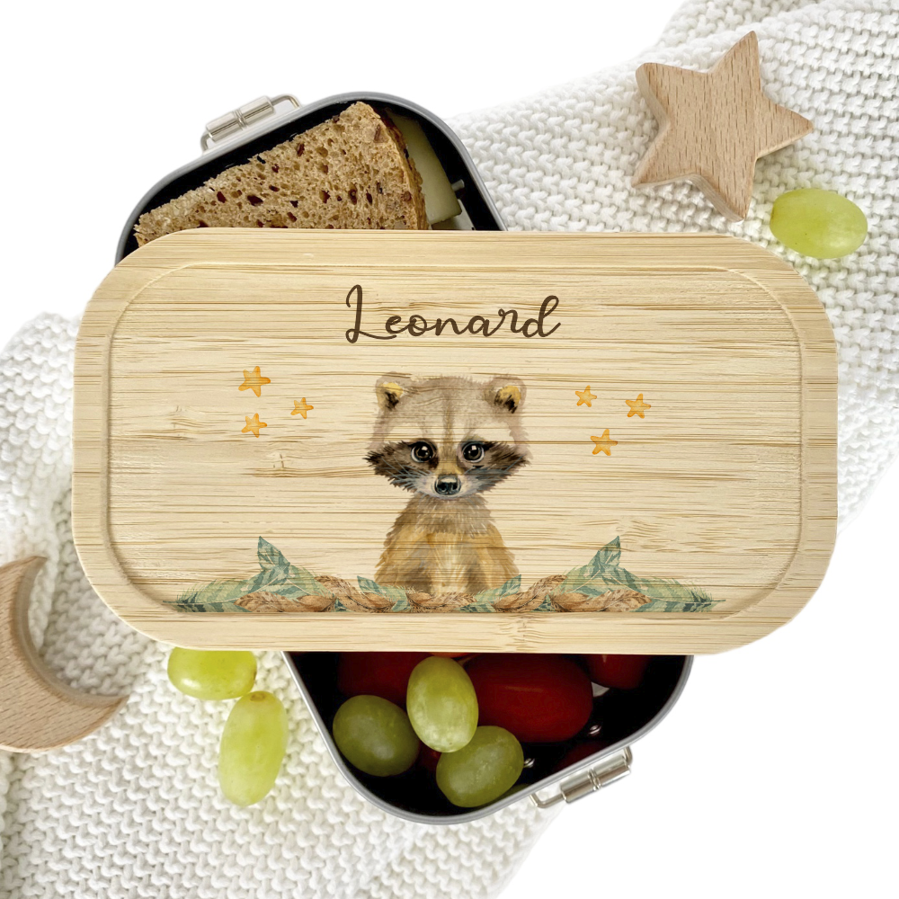 Brotdose Waschbär mit Namen für Kinder | Lunchbox mit Tiermotiv für Jungen und Mädchen | Kindergarten und Schule | Personalisiertes Geburtstagsgeschenk