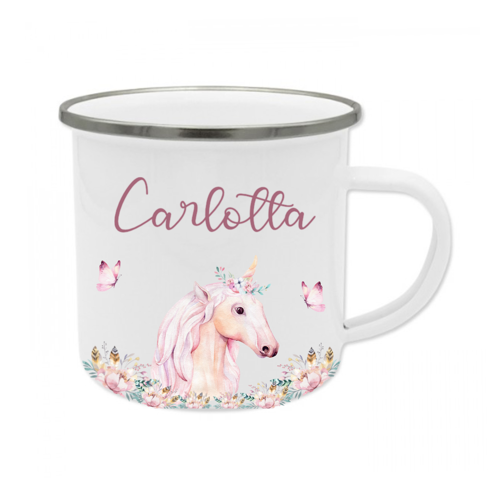 Zauberhafte Einhorn Tasse mit Namen des Kindes | Emaille Trinkbecher für Mädchen I Personalisierte Kindertasse als besonderes Geschenk  | 7 Motivvarianten zur Auswahl