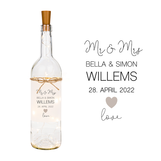 Personalisiertes Hochzeit Flaschenlicht Mr.& Mrs. Namen und Datum