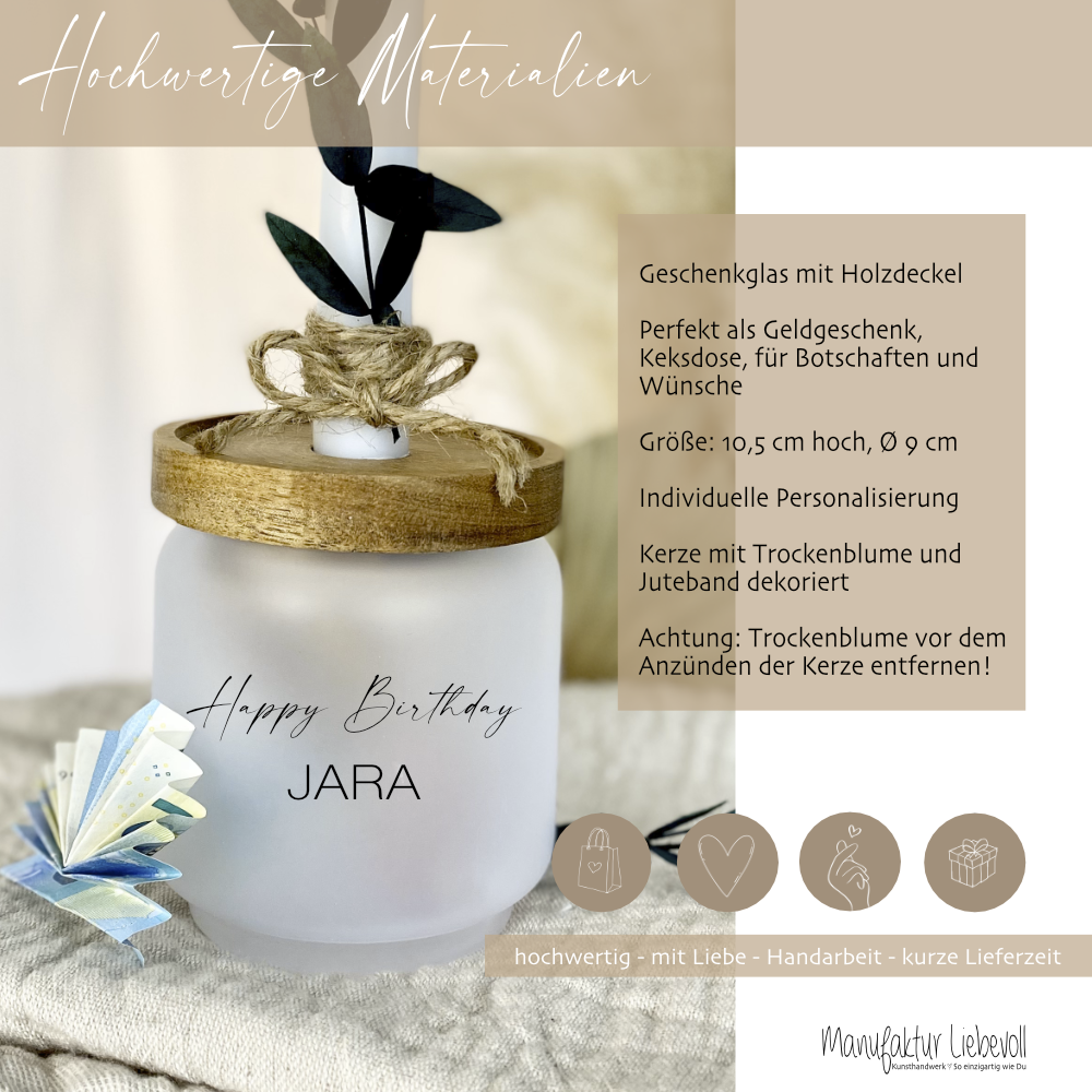 Geschenkglas "Happy Birthday" personalisiert mit dem Namen, Geschenkset mit Geburtstagskerze und Trockenblume