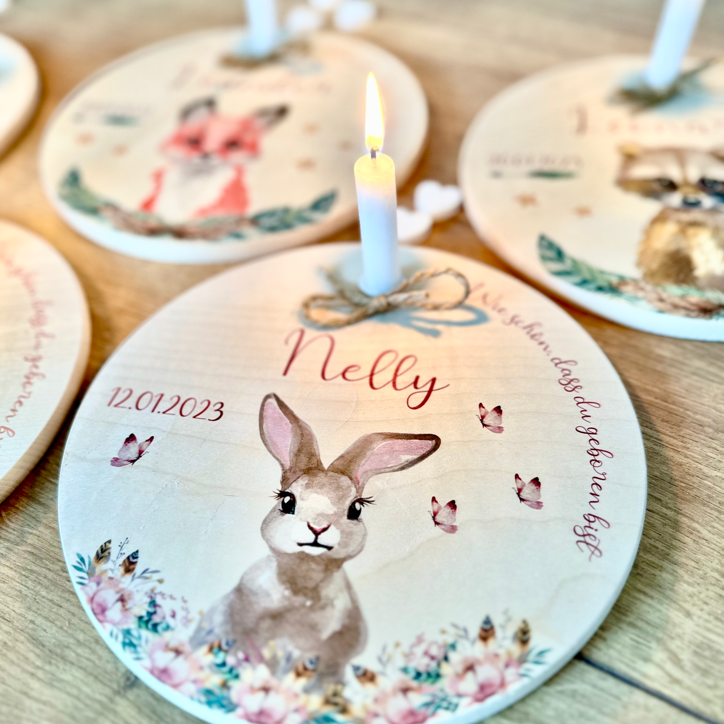 Geburtstagsteller "Hase" für Kinder | Personalisierter Kerzenteller aus Holz für Mädchen und Jungen + Kerze | Geschenkidee zum Geburt, Taufe, Kindergeburtstag | weitere Motive zur Auswahl