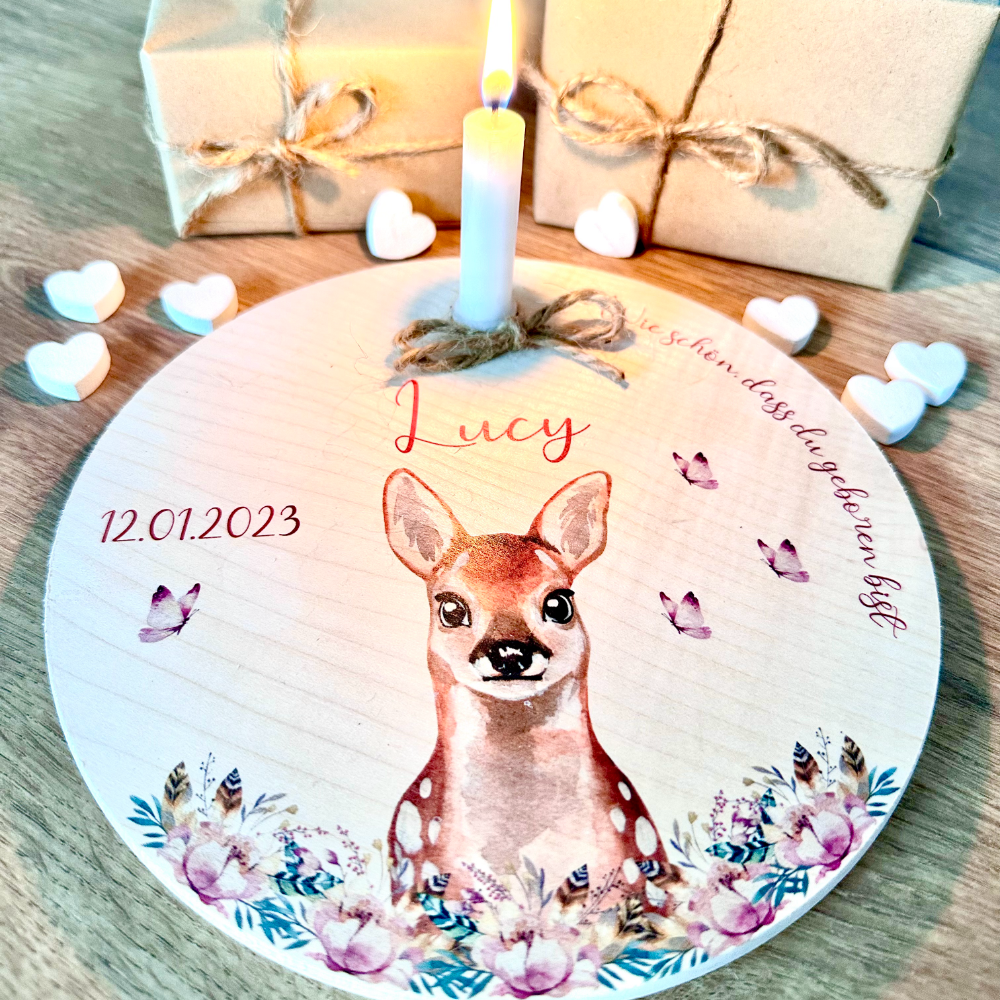 Geburtstagsteller "Reh" für Kinder | Personalisierter Kerzenteller aus Holz für Mädchen und Jungen + Kerze | Geschenkidee zur Geburt, Taufe, Kindergeburtstag | weitere Motive zur Auswahl