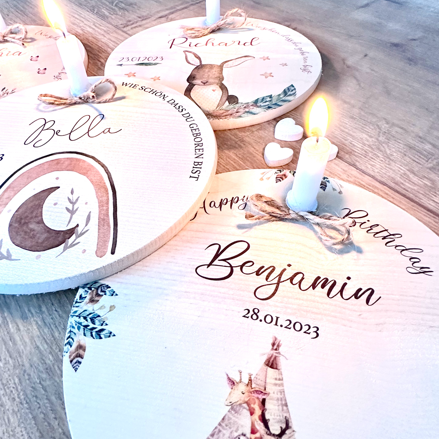Geburtstagsteller "Hase" für Kinder | Personalisierter Kerzenteller aus Holz für Mädchen und Jungen + Kerze | Geschenkidee zum Geburt, Taufe, Kindergeburtstag | weitere Motive zur Auswahl
