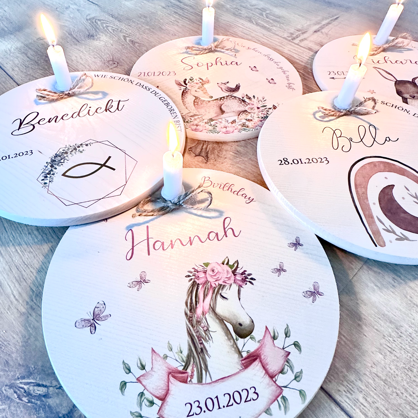 Geburtstagsteller "Hase" für Kinder | Personalisierter Kerzenteller aus Holz für Mädchen und Jungen + Kerze | Geschenkidee zum Geburt, Taufe, Kindergeburtstag | weitere Motive zur Auswahl