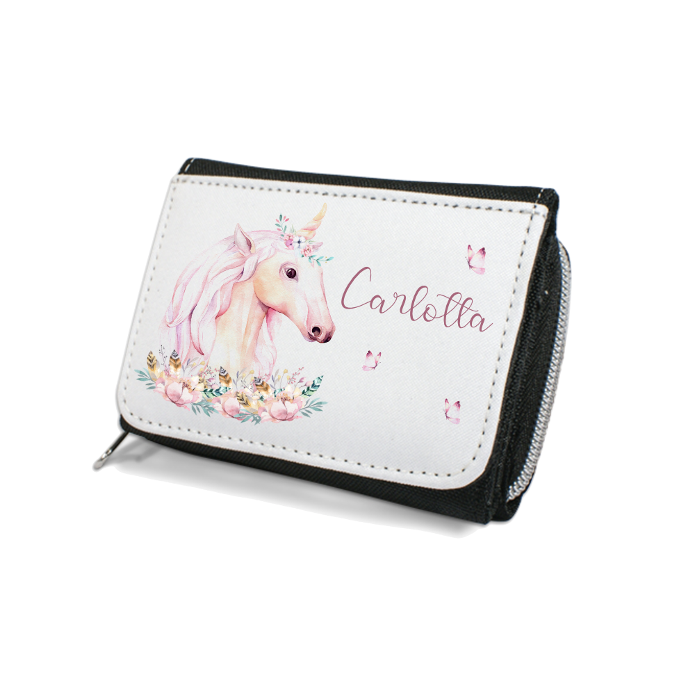 Geldbeutel für Kinder mit Tiermotiv u. Name | Kinderportemonnaie mit Wunschname u. Tierbaby | 4 Motivvarianten zur Auswahl | Eichhörnchen, Waschbär, Reh, Einhorn