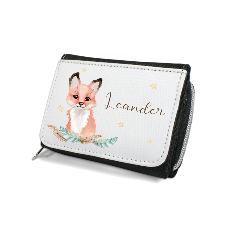 Kinderportemonnaie für Mädchen u. Jungen mit Tiermotiv u. Name | Geldbörse mit Wunschname u. Tierbaby | 4 Motivvarianten zur Auswahl | Fuchs, Bär, Hase, Waschbär